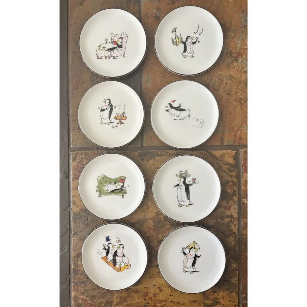 Set of 8 Pottery Barn  Festive Penguins Martinis Coasters Small Plates 4